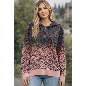 POL Leopard Print Ombre Dye Quarter Zip Tunic Hooded Oversized Sweatshirt Size L
